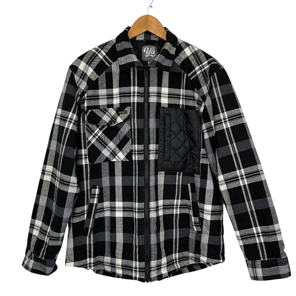Yo Colorado Jacket Mens Medium Black Plaid Flannel Quilted Lined Zip Shacket